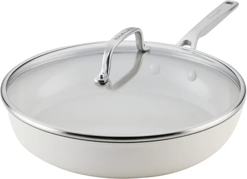 Miniatura 13 de KitchenAid - Sartén/cocedor jumbo de cerámica anodizada dura antiadherente con inducción con tapa y mango auxiliar, apta para lavavajillas, Porcelana