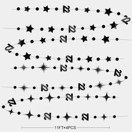 Miniatura 2 de Decoraciones Negras de Cumpleaños Número 22 Círculo Punto Estrella Guirnalda Serpentina Banderín Banner Telón de Fondo para Mujeres Hombres