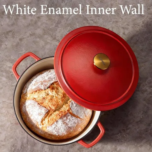 Miniatura 3 de CAROTE Olla holandesa de hierro fundido esmaltado de 5 cuartos con tapa, horno holandés de alta resistencia para hornear pan de masa madre, Rojo