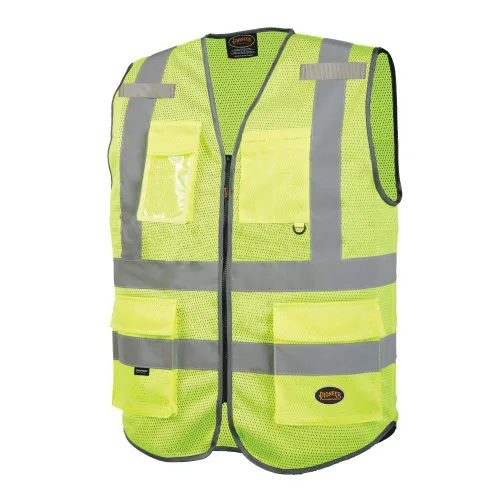 Pioneer V1024860U-M - Chaleco de seguridad para hombre, malla reflectante Hi Vis neón, 9 bolsillos, cremallera, construcción, tráfico, trabajo de