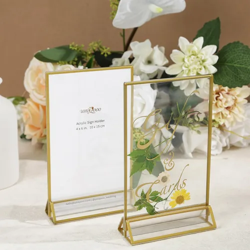 Miniatura 5 de UNIQOOO Soportes acrílicos para letreros con borde dorado, vista de retrato, paquete de 12 unidades, marco transparente de doble cara de 5 x 7