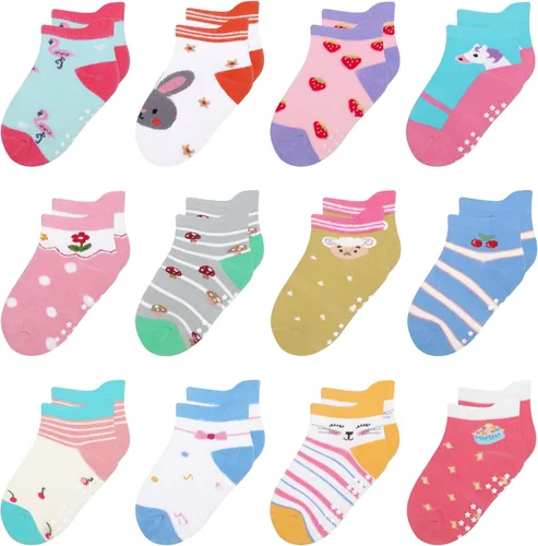 Miniatura 14 de 12 paquetes de calcetines antideslizantes para niños y bebés con agarres, 1-7 años, calcetines de algodón para tobillo para niños y niñas