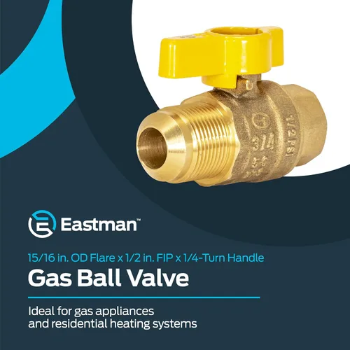 Miniatura 2 de Válvula de bola de gas recta Eastman de latón, 1/2 pulgada FIP x 15/16 pulgada OD Flare hembra, mango de 1/4 vuelta, 60031