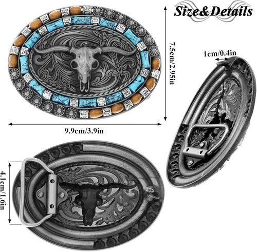 Miniatura 16 de RechicGu Hebilla de cinturón ovalada de calavera de toro de cuerno largo, cuentas de madera turquesa nativa americana, hebillas de vaquero