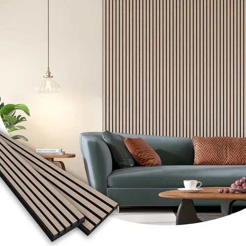 Paquete de 6 paneles de pared de madera acústica, 94.5 x 8 pulgadas cada uno panel de pared insonorizado, paneles de listones de madera estriada 3D