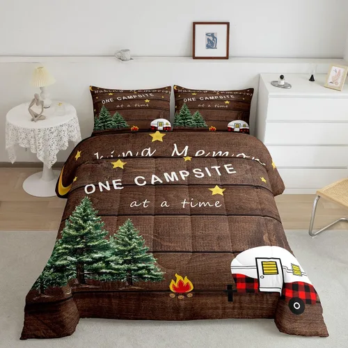 Erosebridal Juego de edredón de campamento para niños y niñas, ropa de cama de campista tamaño twin, edredón vintage de campamento feliz para