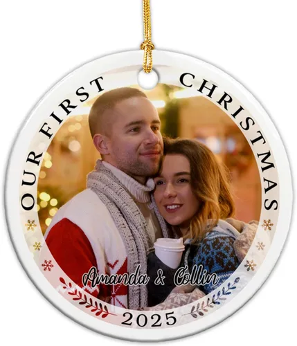 Miniatura 8 de Adorno de cerámica personalizable con texto en inglés «Our First Christmas Together As Mr and Mrs 2024», adorno personalizado para parejas recién