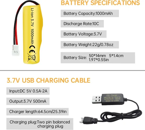 Miniatura 7 de sea jump 2 baterías de iones de litio de 3.7 V 1000 mAh con enchufe Molex y cable de carga USB, adecuado para vehículos de ingeniería a control