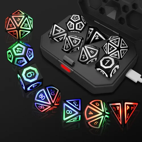 Juego de dados DND recargables, dados iluminados, 7 dados LED balanceados brillantes, dados electrónicos, dados D & D, juego de dados poliédricos