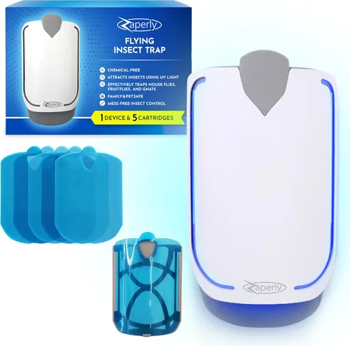 1 trampa para moscas de fruta y 5 cartuchos adhesivos, atrapador de insectos enchufable para interiores, trampa para moscas de luz UV captura moscas