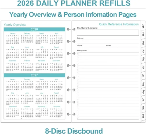 Miniatura 4 de Recambios de agenda 2026 – Agenda diaria y mensual de 8 discos con sistema de discos, una página por día, funciona desde enero de 2026 hasta