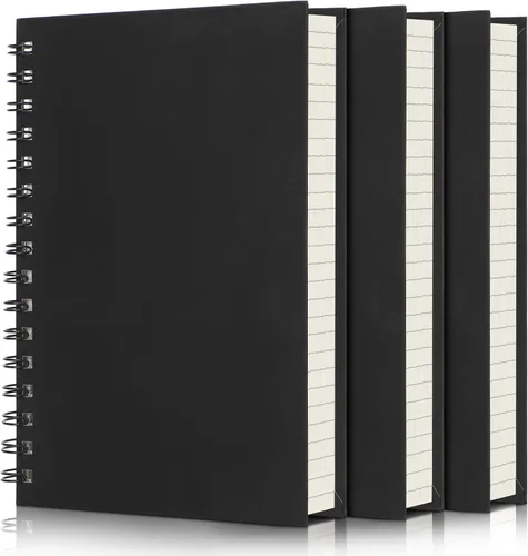 EUSOAR - Cuaderno de espiral rayado universitario, paquete de 3 en negro A5 de 5.5" x 8.3", papel desprendible, tapa dura gruesa, 160 páginas / 80