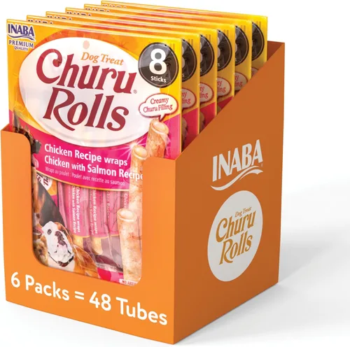Miniatura 7 de INABA Churu Rollos para perros, golosinas suaves y masticables envueltas de pollo al horno, 0.42 onzas cada tubo, 48 tubos en total, receta de pollo