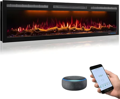 Chimenea Eléctrica Habilitada para WiFi Empotrada y Montada en la Pared, Calentador de Chimenea Eléctrica Delgada de 60 Pulgadas, 750/1500W, Color