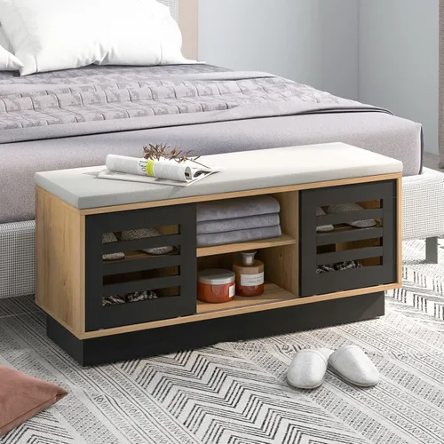 Miniatura 4 de Giantex Banco de almacenamiento de zapatos de entrada, zapatero con cojín de asiento y 6 compartimentos de almacenamiento, 2 puertas correderas y 3