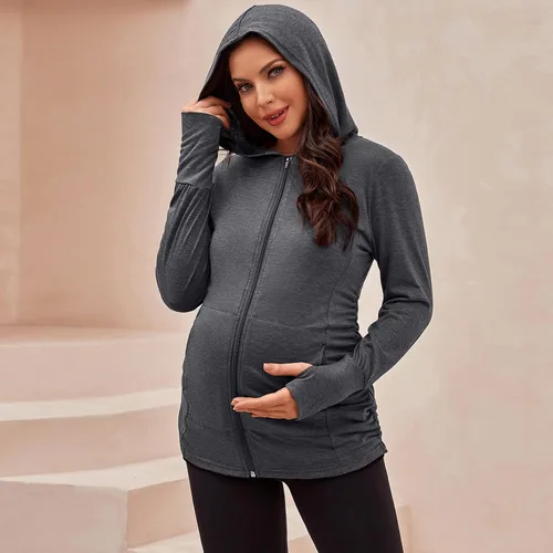Miniatura 3 de DEBELLY Sudaderas de maternidad de manga larga con cremallera completa, casual, para embarazo, chaqueta con bolsillos, agujero para el pulgar