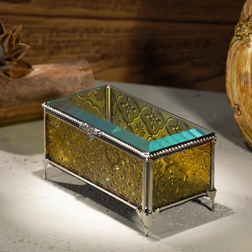 Miniatura 5 de Joyero de cristal rectangular vintage con tapa con bisagras, anillo de joyería, pulsera, caja de exhibición de metal de recuerdo, caja