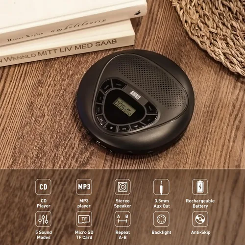 Miniatura 2 de Reproductor de CD portátil con batería recargable - August SE10 - Altavoces estéreo duales, protección antisaltos, salida auxiliar y reproductor