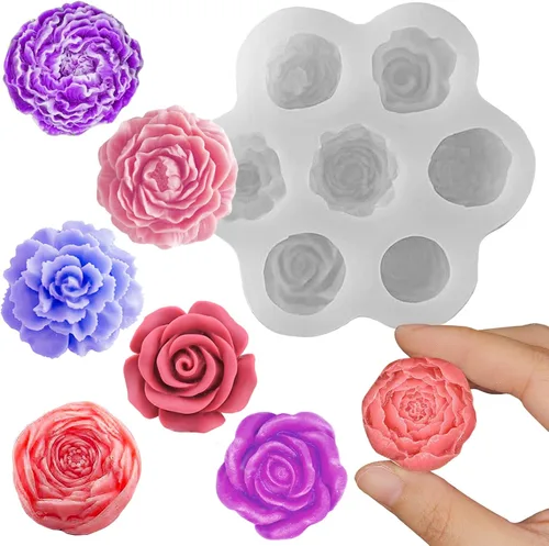 Wehous Moldes de flores de silicona, molde de fondant de peonía de rosa de 7 cavidades para decoración de pasteles de chocolate con gelatina, molde