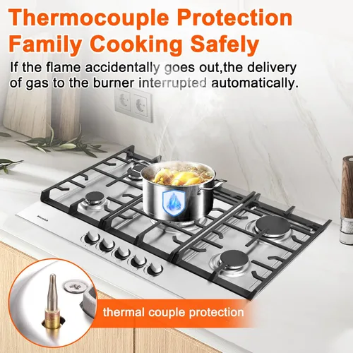 Miniatura 2 de Placa de cocina de gas de 30 pulgadas, 5 quemadores empotrados en estufa de gas, placa de propano convertible NG/LPG, Encendido automático