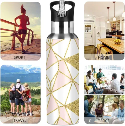 Miniatura 5 de Stainless Steel Vacuum Insulated Water Bottle 20 Oz, Leakproof Water Bottles for Gym Outdoor Travel School, Geometric Gold Triangles