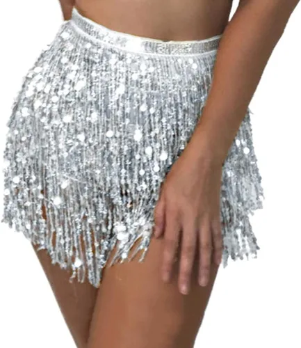 Miniatura 3 de REETAN Falda Boho para danza del vientre con lentejuelas, mascada de cadera con flecos y borlas falda para fiestas, bailes,actuaciones y disfraces