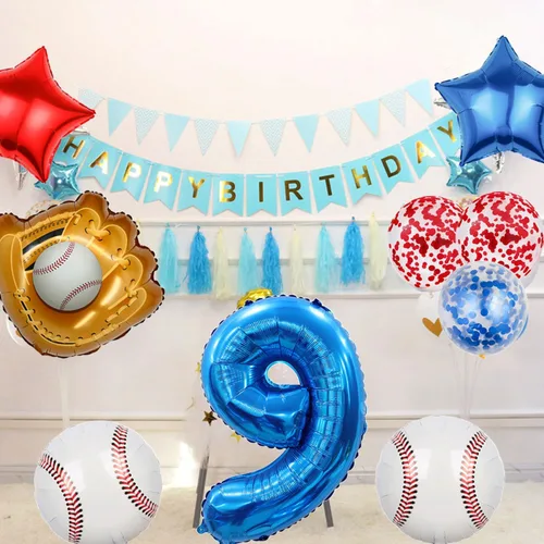 Miniatura 4 de Globos de béisbol de papel de aluminio para decoración de cumpleaños, globos con el número 9, globos de confeti de estrella roja y azul para Béisbol