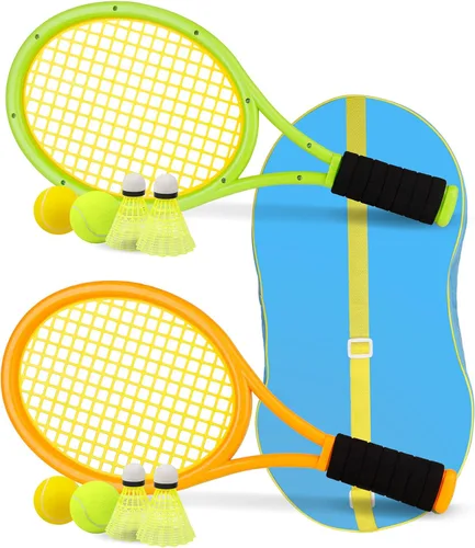 Miniatura 10 de Raqueta de tenis para niños, raqueta de tenis de plástico de 17 pulgadas con 2 bolas suaves, 2 pelotas de tenis y 4 volantes para niños