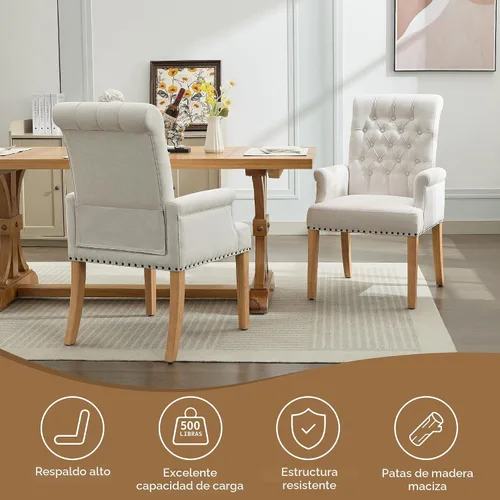 Miniatura 5 de WUTUTUEE Silla de comedor de tela con brazos, sillas de comedor tapizadas acolchadas de respaldo alto, sillón decorativo con patas de madera maciza