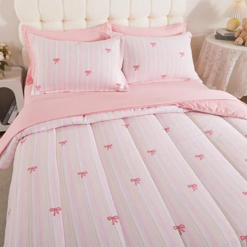 Miniatura 13 de Juego de ropa de cama de 5 piezas con lazo rosa para niñas, tamaño individual, ropa de cama Kawaii en una bolsa con sábanas de microfibra suave