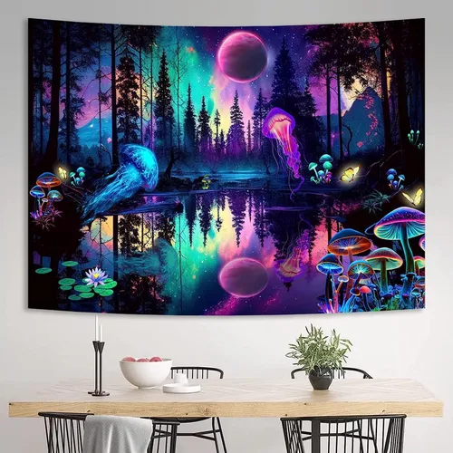 Miniatura 4 de Miytal Tapiz de medusas del bosque de fantasía, luz negra, colorido hongo, mariposa, para colgar en la pared, reflejo de luna reactiva a los rayos