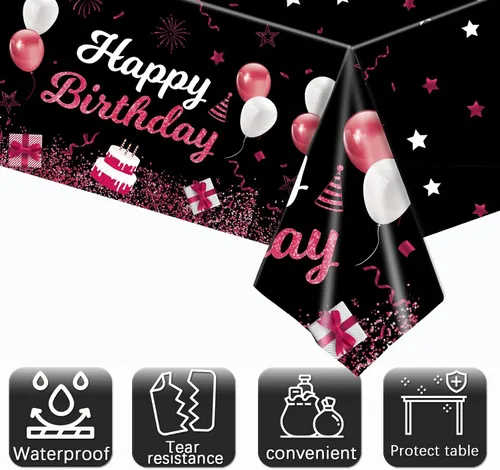Miniatura 2 de MRJ Black Party Supplies - Paquete de 3 manteles de feliz cumpleaños con estrellas rosas y negras, decoraciones perfectas para fiestas de cumpleaños