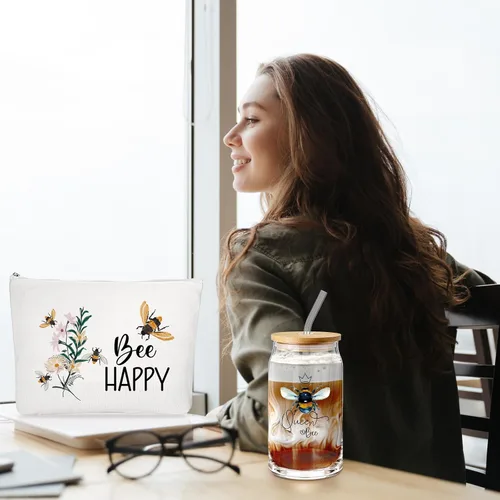 Miniatura 7 de Hushee 3 piezas de regalos temáticos de abeja, bolsa de maquillaje feliz y taza de vidrio con tapa, llavero de paja inspirador para graduación