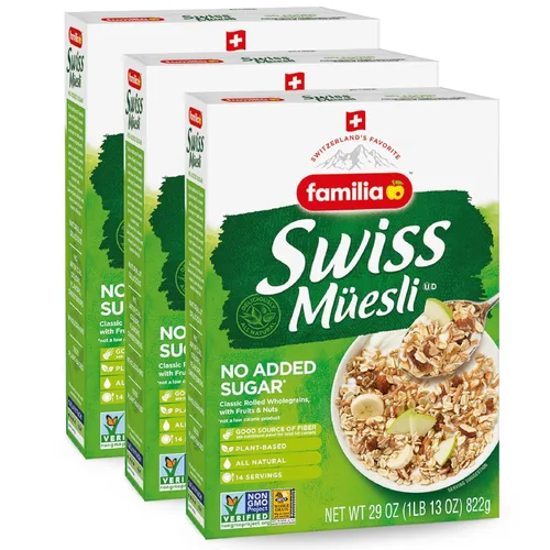 Familia Cereal suizo Muesli, 0.00 oz de azúcar añadido, cereal lleno de energía con pasas, avellanas y almendras, caja de 29 onzas (paquete de 3)