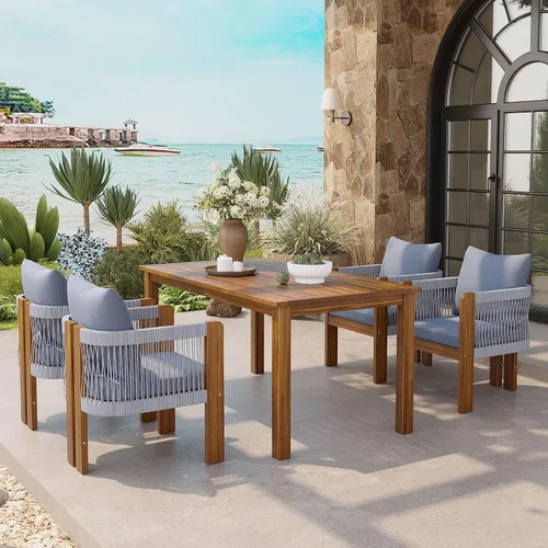 Miniatura 22 de Quarte Moderno juego de comedor de patio al aire libre de 5 piezas, juego de barra de mimbre de ratán de polietileno para jardín, 4 sillas de altura