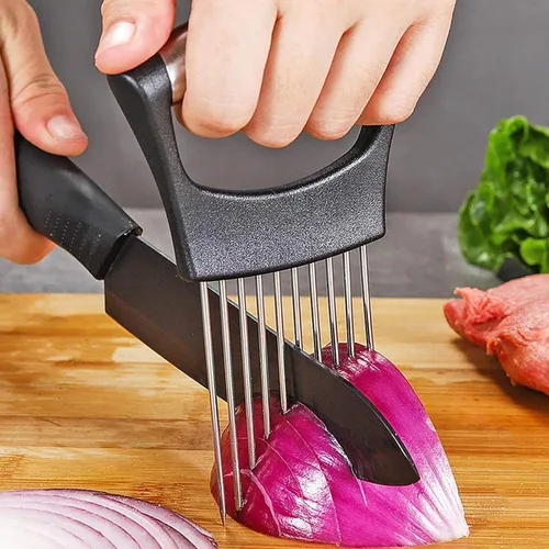 Miniatura 2 de Cooswai Soporte de cebolla inoxidable para rebanar, asistente de cocina, verduras - Herramienta de rebanadas de picadora mejorada, asistente