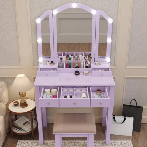 Miniatura 10 de YIXHQ Tocador con luces para niñas, juego de escritorio con cajones, tocador de maquillaje con espejo y luces, tocador de maquillaje rosa