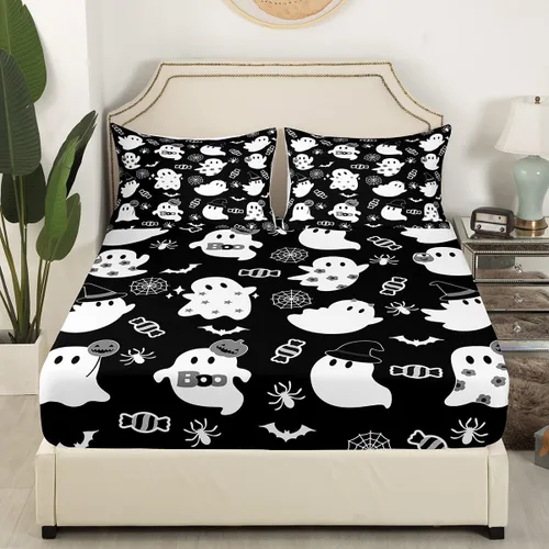 Miniatura 3 de Sábana bajera ajustable de fantasma de Halloween, tamaño individual, sábana de bruja de calabaza de caramelo de dibujos animados, juego de ropa