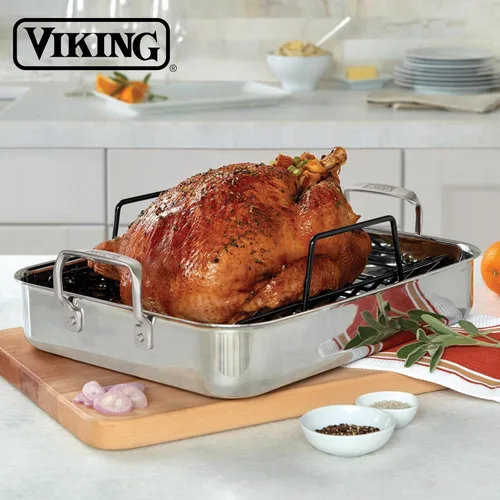 Miniatura 6 de Viking Bandeja para Asar de Acero Inoxidable de 3 Capas con Rejilla Antiadherente, Utensilios de Cocina de 16 x 13 Pulgadas, Excelente para Pavo