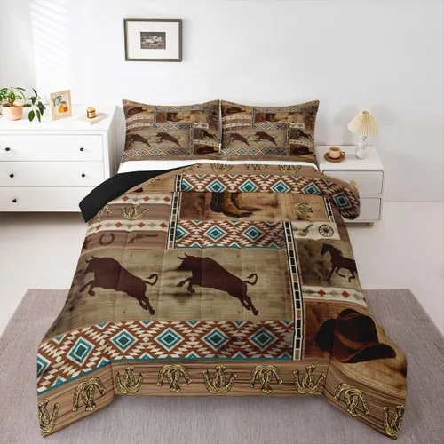 Miniatura 12 de Juego de edredón de vaquero, tamaño King, juego de ropa de cama de herradura con estrellas del oeste de Texas para adultos, hombres y niños, ropa