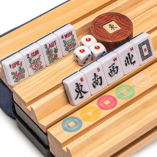 Miniatura 3 de Juegos de Mahjong Americano de Yellow Mountain Imports, Marea Azul - Estuche Blando Azul, 4 Soportes Todo-en-Uno con Empujadores, Monedas