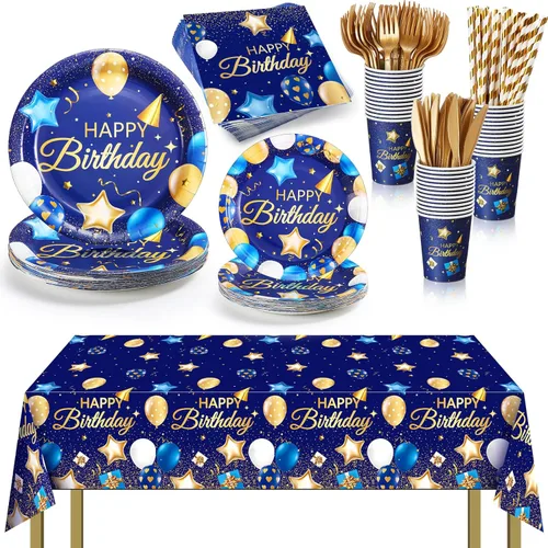 Miniatura 11 de Norme Juego de vajilla para fiesta de cumpleaños de 176 piezas en azul marino y plata. Decoración de cumpleaños que incluye mantel, platos de papel