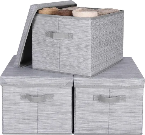 Miniatura 12 de WUIKE - Cajas de almacenamiento plegables con tapas, cajas de almacenamiento con asas, organizador para estante de armario, cestas de almacenamiento