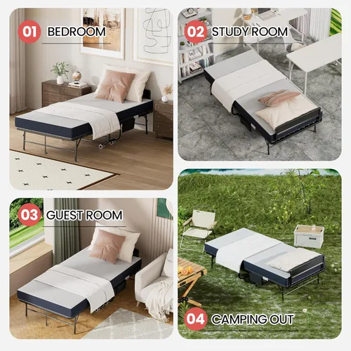 Miniatura 7 de Cama plegable de 75 x 31 pulgadas con colchón para adultos, cama enrollable portátil con ruedas, cabecero y bolsillo, colchón de espuma