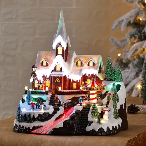 Miniatura 2 de Casa de iglesia de pueblo navideño de 15 pulgadas, escena animada de invierno con patinadores, carrusel giratorio, luces de fibra óptica y música