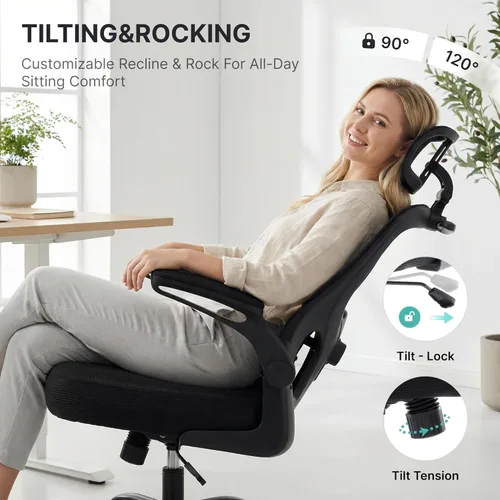 Miniatura 7 de Silla de oficina ergonómica, silla de escritorio de malla de 330 libras con soporte lumbar ajustable, reposacabezas 3D y brazos abatibles, cómoda