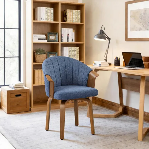 Miniatura 4 de Art Leon Silla de escritorio sin ruedas, silla giratoria moderna de mediados de siglo, silla de escritorio de tela Boucle con patas de madera