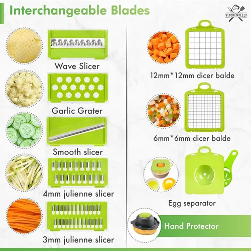 Miniatura 3 de Picador de verduras 16 en 1 con contenedor, picador de verduras y picador de alimentos, cortador de cebolla y verduras con 8 cuchillas de acero Verde