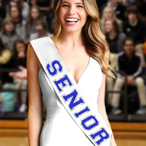 Miniatura 2 de RhinestoneSash Senior Sash Blue - Royal and Silver Sparkle White PREMIUM GRADE SATIN Sahes - High School Team Sports