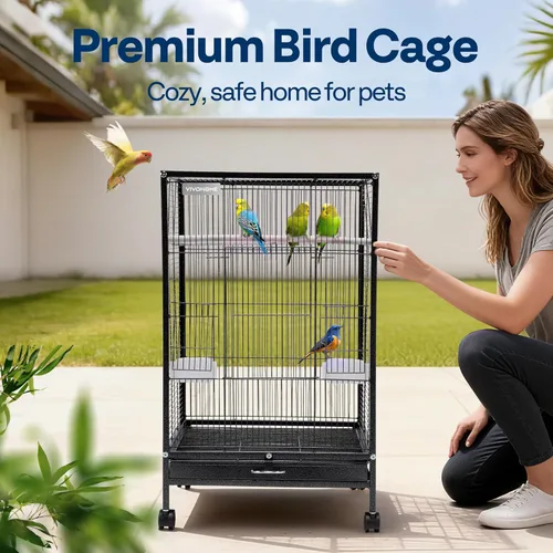 Miniatura 2 de VIVOHOME - Jaula de hierro forjado de 30 pulgadas de altura con soporte rodante para loros, cotorras, agapornis, cacatúas
